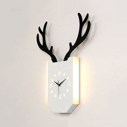 Wood Clock Shape Sconce Light with Antlers Hallway Foyer Rustic Animal LED Wall Lamp White Warm Clearhalo 'Wall Lamps & Sconces' 'Wall Lights' Lighting' 73674