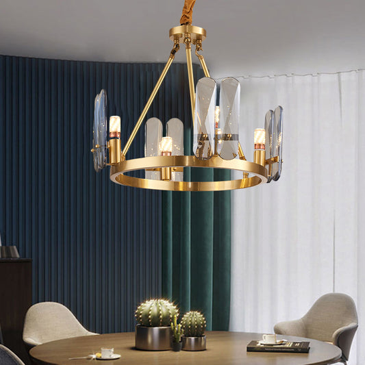 Metal Brass Chandelier Lighting Circular 4 Heads Modernism Hanging Pendant with Oval Smoke Gray Crystal Panel Brass Clearhalo 'Ceiling Lights' 'Chandeliers' 'Modern Chandeliers' 'Modern' Lighting' 736742