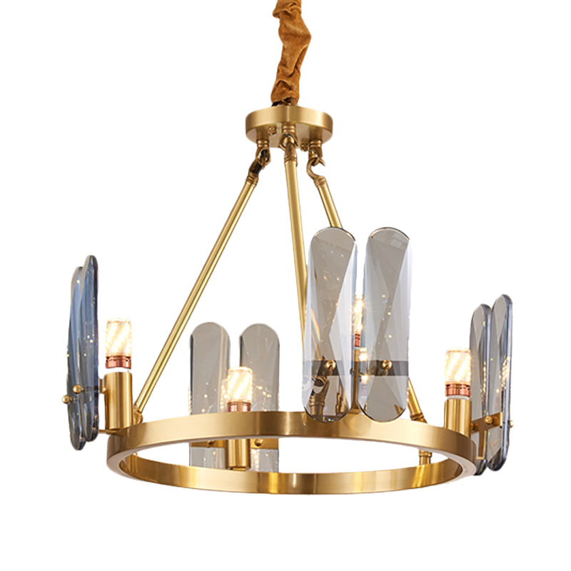 Metal Brass Chandelier Lighting Circular 4 Heads Modernism Hanging Pendant with Oval Smoke Gray Crystal Panel Clearhalo 'Ceiling Lights' 'Chandeliers' 'Modern Chandeliers' 'Modern' Lighting' 736743