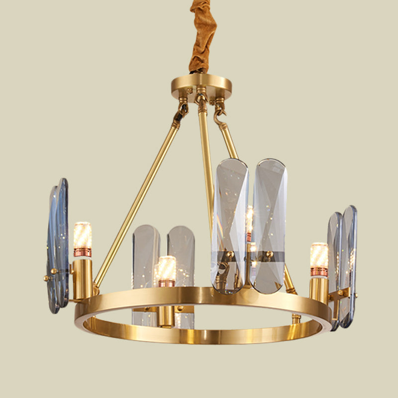 Metal Brass Chandelier Lighting Circular 4 Heads Modernism Hanging Pendant with Oval Smoke Gray Crystal Panel Clearhalo 'Ceiling Lights' 'Chandeliers' 'Modern Chandeliers' 'Modern' Lighting' 736744