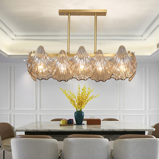 Amber Crystal Brass Island Lighting Shell 8 Lights Contemporary Pendant Light with Linear Metal Arm Brass Clearhalo 'Ceiling Lights' 'Island Lights' Lighting' 736746