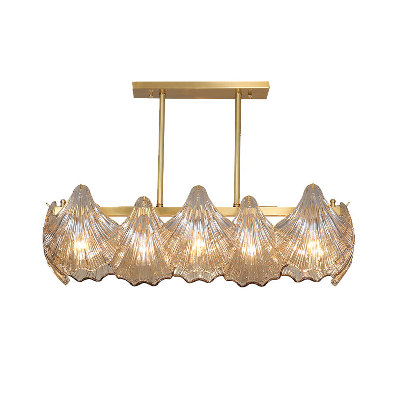 Amber Crystal Brass Island Lighting Shell 8 Lights Contemporary Pendant Light with Linear Metal Arm Clearhalo 'Ceiling Lights' 'Island Lights' Lighting' 736747