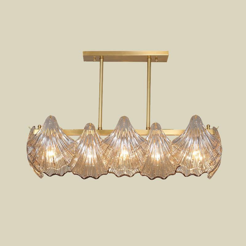 Amber Crystal Brass Island Lighting Shell 8 Lights Contemporary Pendant Light with Linear Metal Arm Clearhalo 'Ceiling Lights' 'Island Lights' Lighting' 736748