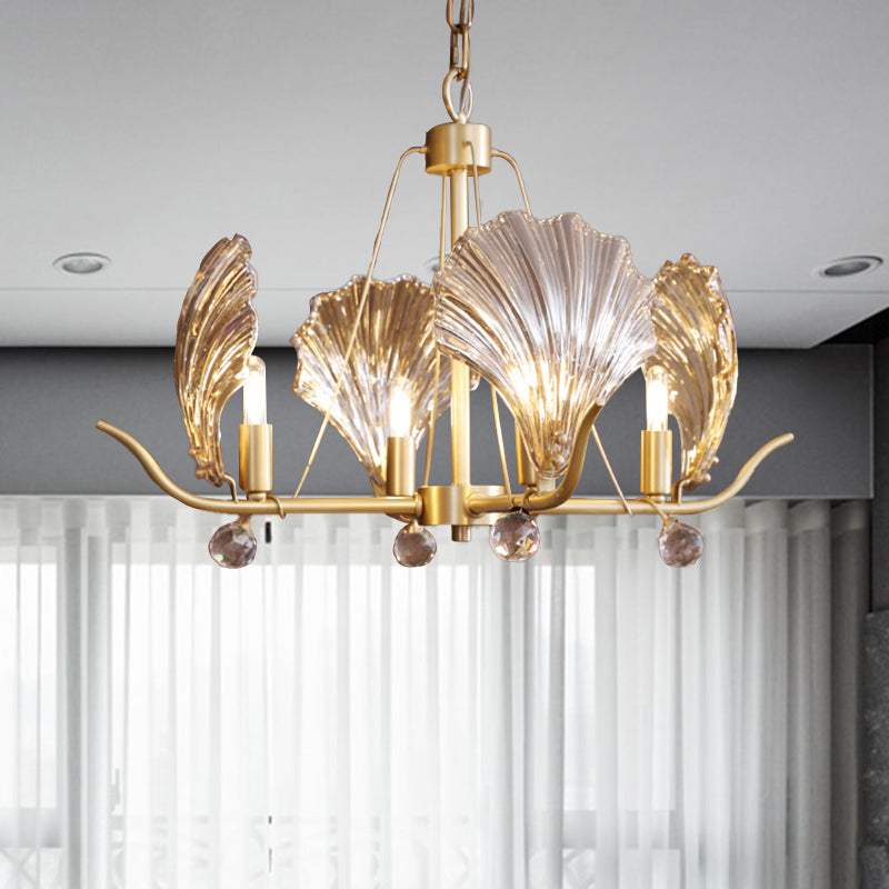 Simple Shell Hanging Chandelier 4 Bulbs Clear Prismatic Glass Suspension Light in Brass with Crystal Ball Brass Clearhalo 'Ceiling Lights' 'Chandeliers' 'Modern Chandeliers' 'Modern' Lighting' 736754