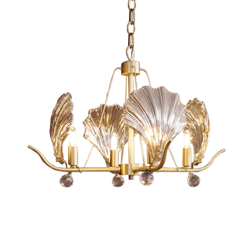 Simple Shell Hanging Chandelier 4 Bulbs Clear Prismatic Glass Suspension Light in Brass with Crystal Ball Clearhalo 'Ceiling Lights' 'Chandeliers' 'Modern Chandeliers' 'Modern' Lighting' 736755