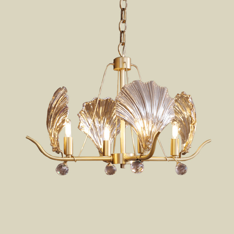 Simple Shell Hanging Chandelier 4 Bulbs Clear Prismatic Glass Suspension Light in Brass with Crystal Ball Clearhalo 'Ceiling Lights' 'Chandeliers' 'Modern Chandeliers' 'Modern' Lighting' 736756