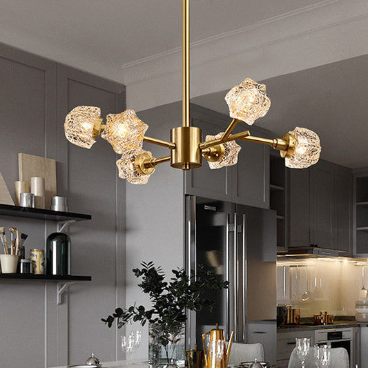 6-Bulb Crystal Block Chandelier Light Modern Brass Starburst Dining Room Pendant Lighting Fixture Brass Clearhalo 'Ceiling Lights' 'Chandeliers' 'Modern Chandeliers' 'Modern' Lighting' 736758