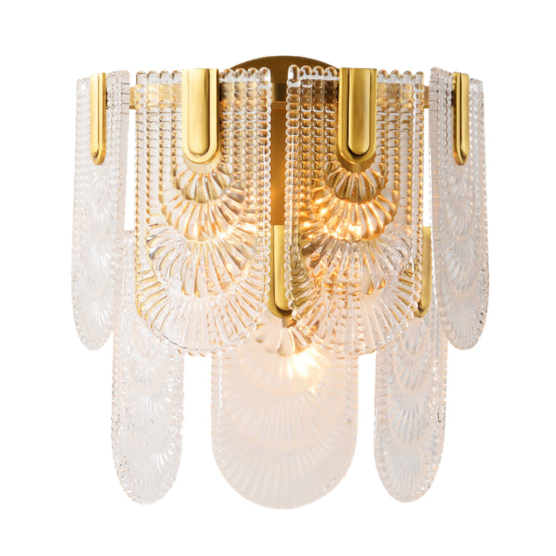 Double Layered Crystal Wall Lighting Traditional 3 Bulbs Living Room Wall Sconce Light Fixture in Brass Clearhalo 'Wall Lamps & Sconces' 'Wall Lights' Lighting' 736763