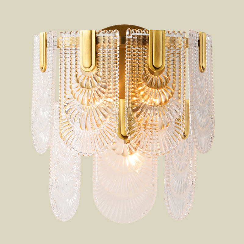 Double Layered Crystal Wall Lighting Traditional 3 Bulbs Living Room Wall Sconce Light Fixture in Brass Clearhalo 'Wall Lamps & Sconces' 'Wall Lights' Lighting' 736764