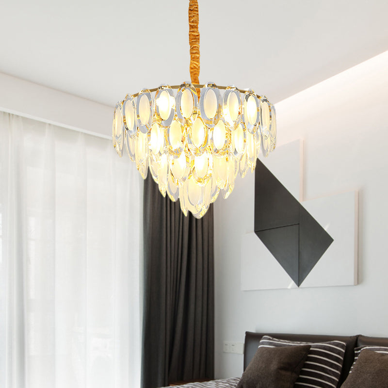 Gold 9 Heads Ceiling Chandelier Modern Oval Crystal Multi Layered Suspension Pendant Light for Living Room Gold Clearhalo 'Ceiling Lights' 'Chandeliers' 'Modern Chandeliers' 'Modern' Lighting' 736770