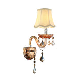 Beige 1 Bulb Wall Light Traditional Fabric Scalloped Wall Sconce with Clear Crystal Drop and Curved Glass Arm Clearhalo 'Wall Lamps & Sconces' 'Wall Lights' Lighting' 736775