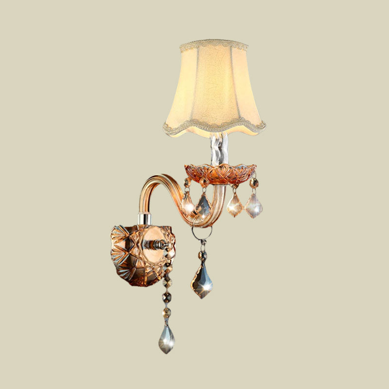 Beige 1 Bulb Wall Light Traditional Fabric Scalloped Wall Sconce with Clear Crystal Drop and Curved Glass Arm Clearhalo 'Wall Lamps & Sconces' 'Wall Lights' Lighting' 736776