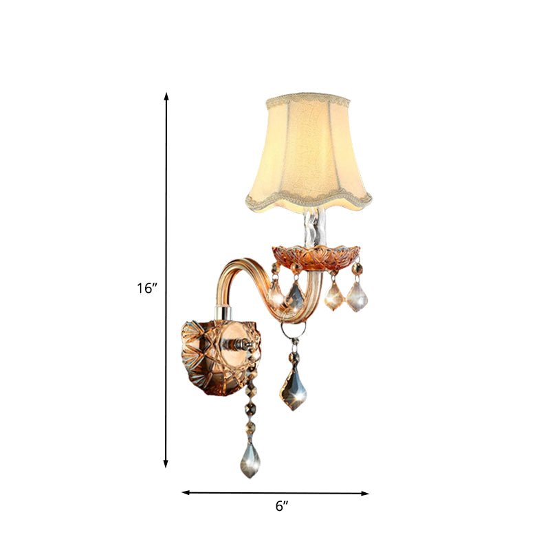 Beige 1 Bulb Wall Light Traditional Fabric Scalloped Wall Sconce with Clear Crystal Drop and Curved Glass Arm Clearhalo 'Wall Lamps & Sconces' 'Wall Lights' Lighting' 736777