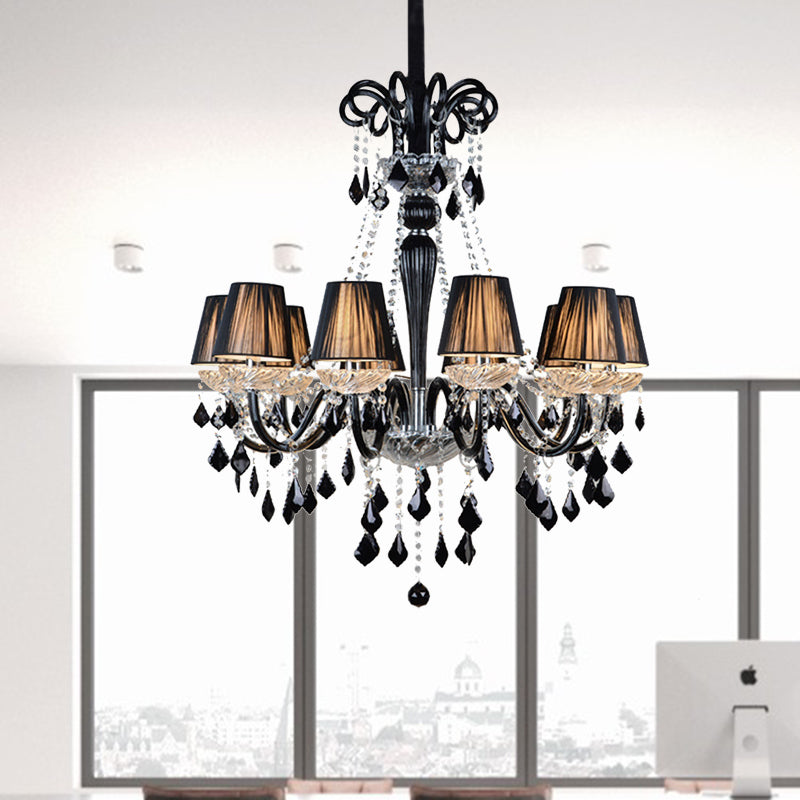 Traditional Tapered Chandelier Lamp 10 Bulbs Fabric Ceiling Light with Black and Clear Crystal and Glass Arm Black Clearhalo 'Ceiling Lights' 'Chandeliers' Lighting' options 736778_85d4979a-e32c-4e65-bd27-3a578640425b