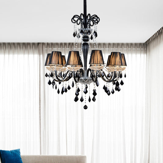 Traditional Tapered Chandelier Lamp 10 Bulbs Fabric Ceiling Light with Black and Clear Crystal and Glass Arm Clearhalo 'Ceiling Lights' 'Chandeliers' Lighting' options 736779