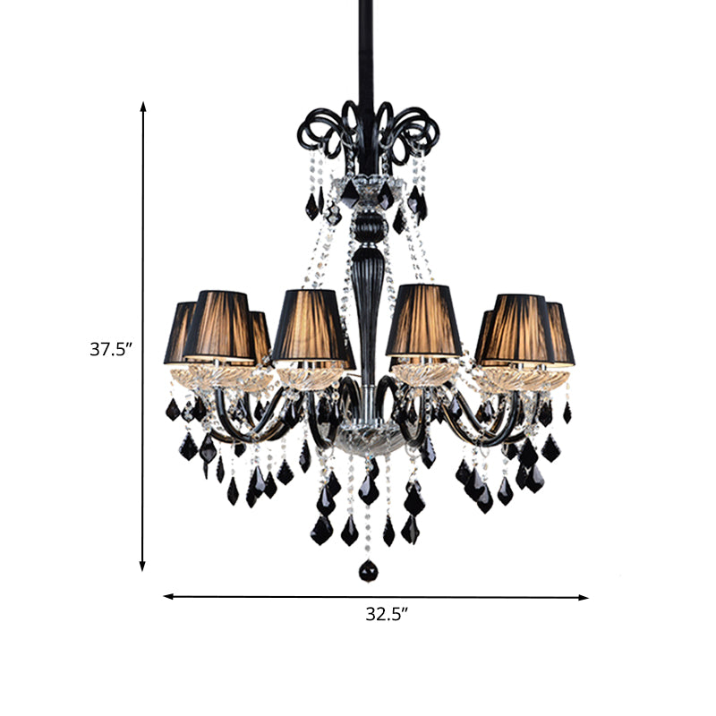 Traditional Tapered Chandelier Lamp 10 Bulbs Fabric Ceiling Light with Black and Clear Crystal and Glass Arm Clearhalo 'Ceiling Lights' 'Chandeliers' Lighting' options 736781