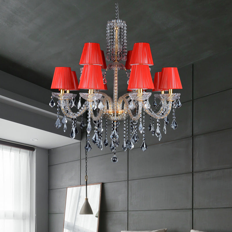 Red Cone Chandelier Lighting Vintage Fabric 12 Heads Bedroom Ceiling Lamp with Clear Crystal and Curvy Glass Arm Clearhalo 'Ceiling Lights' 'Chandeliers' Lighting' options 736783