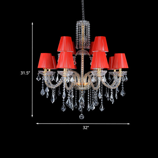 Red Cone Chandelier Lighting Vintage Fabric 12 Heads Bedroom Ceiling Lamp with Clear Crystal and Curvy Glass Arm Clearhalo 'Ceiling Lights' 'Chandeliers' Lighting' options 736785