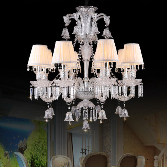 Pleated Shade Fabric Chandelier Antique 8-Bulb Living Room Pendant in White with Curvy Glass Arm and Crystal Drop Clearhalo 'Ceiling Lights' 'Chandeliers' Lighting' options 736786