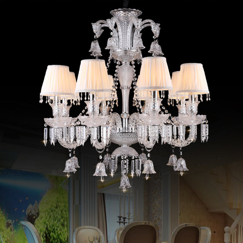 Pleated Shade Fabric Chandelier Antique 8-Bulb Living Room Pendant in White with Curvy Glass Arm and Crystal Drop White Clearhalo 'Ceiling Lights' 'Chandeliers' Lighting' options 736786_6c38f170-8397-40ef-ae9a-ba319e479880
