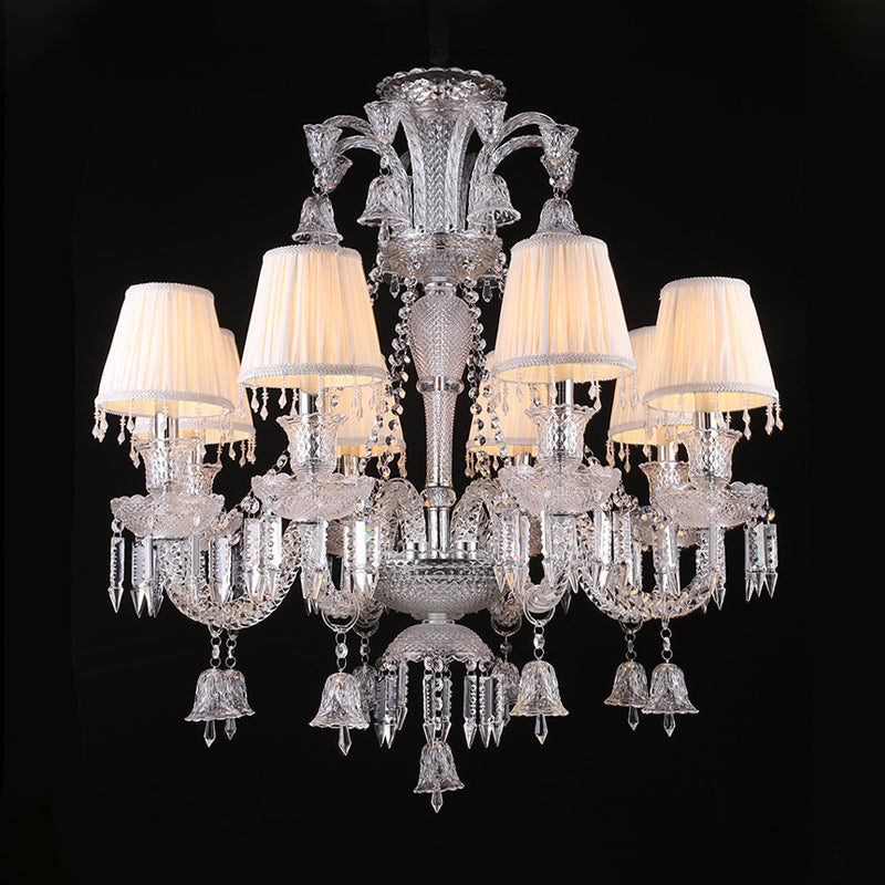 Pleated Shade Fabric Chandelier Antique 8-Bulb Living Room Pendant in White with Curvy Glass Arm and Crystal Drop Clearhalo 'Ceiling Lights' 'Chandeliers' Lighting' options 736788