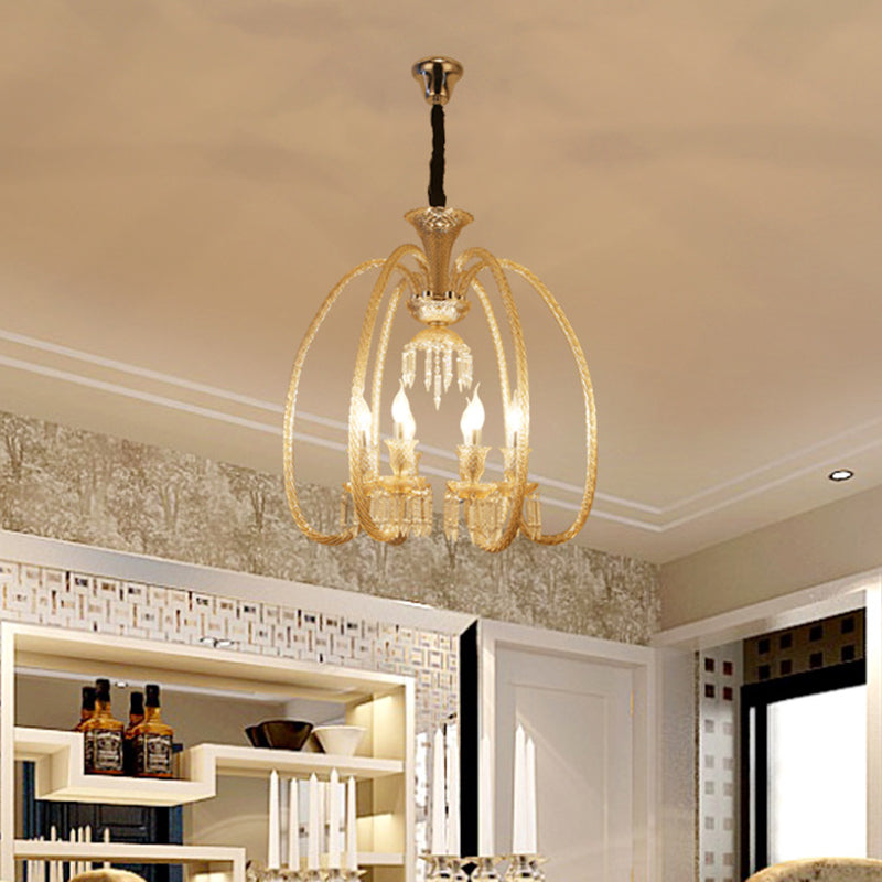 6/8 Heads Hanging Chandelier Antique Living Room Pendant with Curving Cognac Glass Arm and Clear Crystal Drop Clearhalo 'Ceiling Lights' 'Chandeliers' Lighting' options 736801
