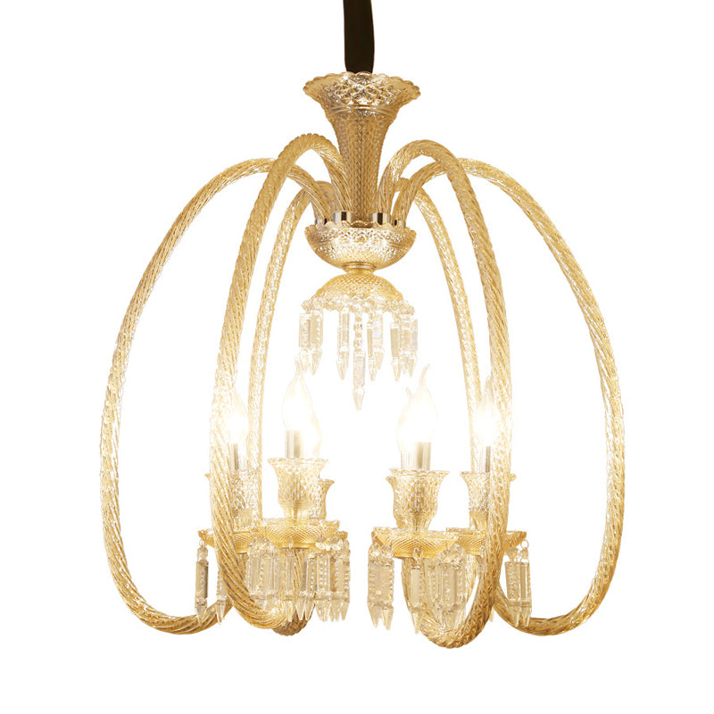 6/8 Heads Hanging Chandelier Antique Living Room Pendant with Curving Cognac Glass Arm and Clear Crystal Drop Clearhalo 'Ceiling Lights' 'Chandeliers' Lighting' options 736802