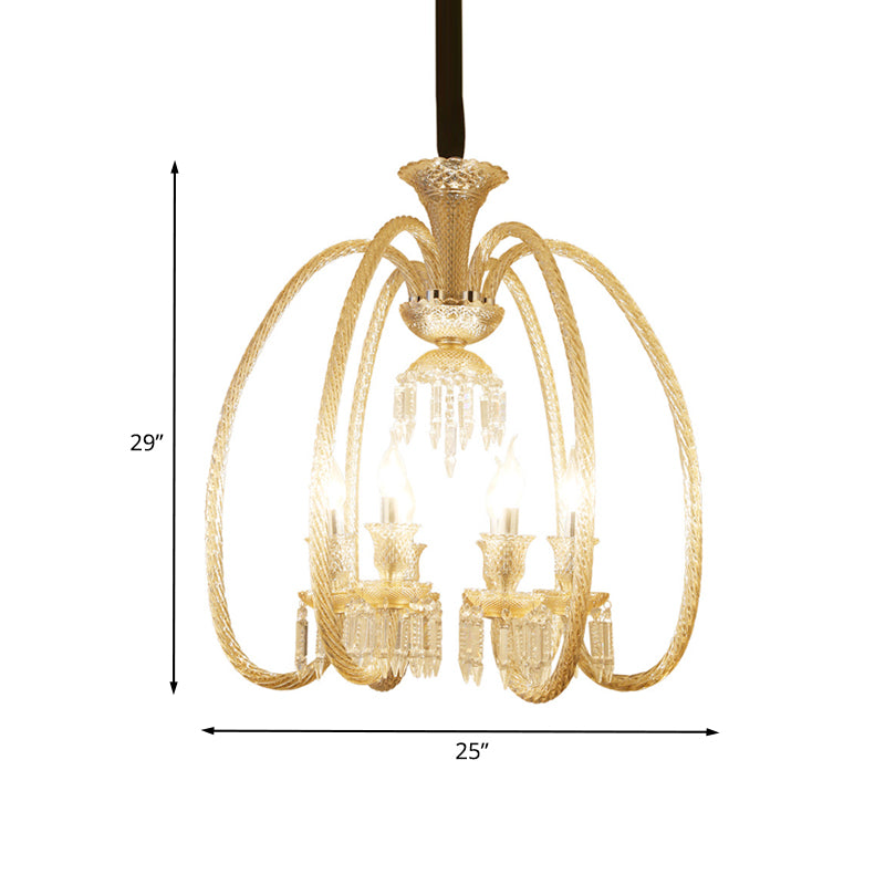 6/8 Heads Hanging Chandelier Antique Living Room Pendant with Curving Cognac Glass Arm and Clear Crystal Drop Clearhalo 'Ceiling Lights' 'Chandeliers' Lighting' options 736804