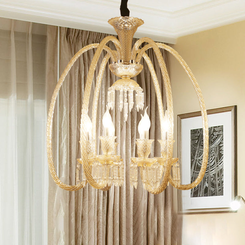 6/8 Heads Hanging Chandelier Antique Living Room Pendant with Curving Cognac Glass Arm and Clear Crystal Drop 8 Cognac Clearhalo 'Ceiling Lights' 'Chandeliers' Lighting' options 736805_764b38b5-24df-42a6-8542-a4754b03ab12