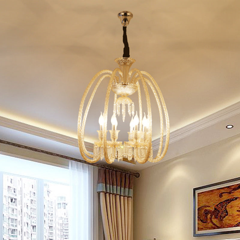 6/8 Heads Hanging Chandelier Antique Living Room Pendant with Curving Cognac Glass Arm and Clear Crystal Drop Clearhalo 'Ceiling Lights' 'Chandeliers' Lighting' options 736806