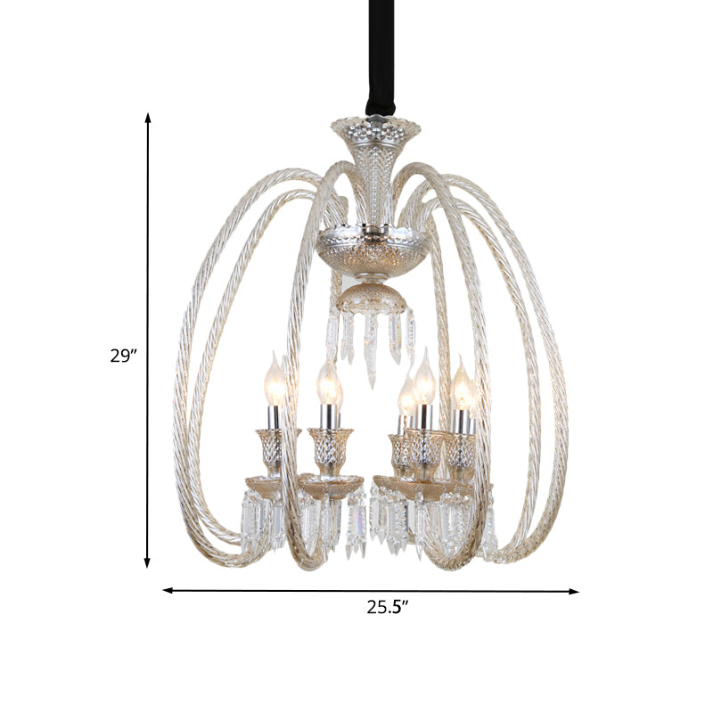 6/8 Heads Hanging Chandelier Antique Living Room Pendant with Curving Cognac Glass Arm and Clear Crystal Drop Clearhalo 'Ceiling Lights' 'Chandeliers' Lighting' options 736808