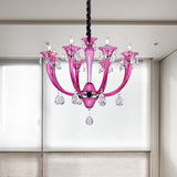 Candlestick Living Room Chandelier Modern Rose Red Glass 8-Light Chrome Pendant with Crystal Draping Rose Red Clearhalo 'Ceiling Lights' 'Chandeliers' 'Modern Chandeliers' 'Modern' Lighting' 736809