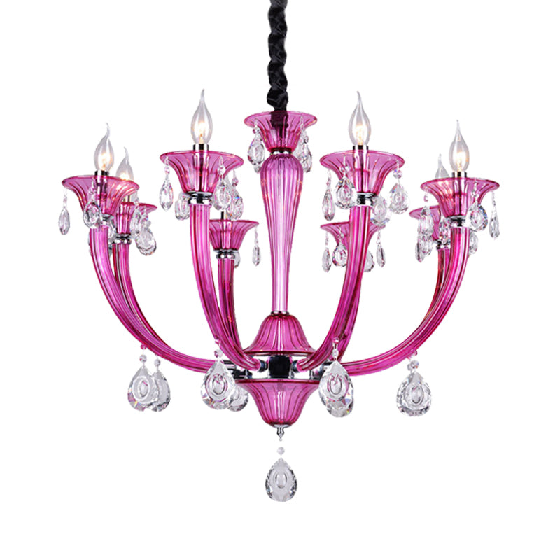 Candlestick Living Room Chandelier Modern Rose Red Glass 8-Light Chrome Pendant with Crystal Draping Clearhalo 'Ceiling Lights' 'Chandeliers' 'Modern Chandeliers' 'Modern' Lighting' 736810