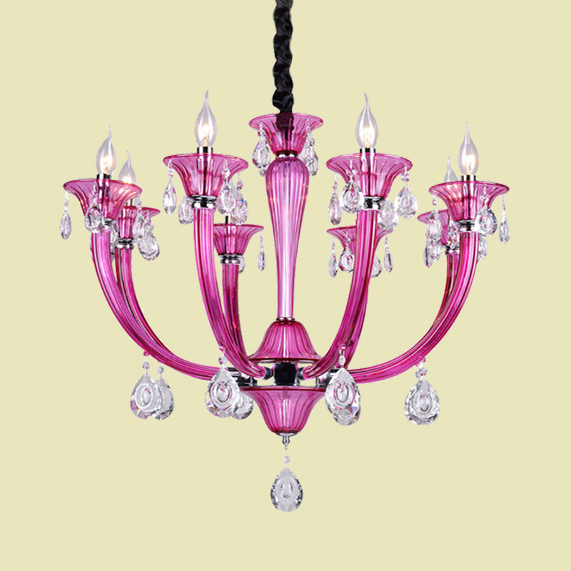 Candlestick Living Room Chandelier Modern Rose Red Glass 8-Light Chrome Pendant with Crystal Draping Clearhalo 'Ceiling Lights' 'Chandeliers' 'Modern Chandeliers' 'Modern' Lighting' 736811