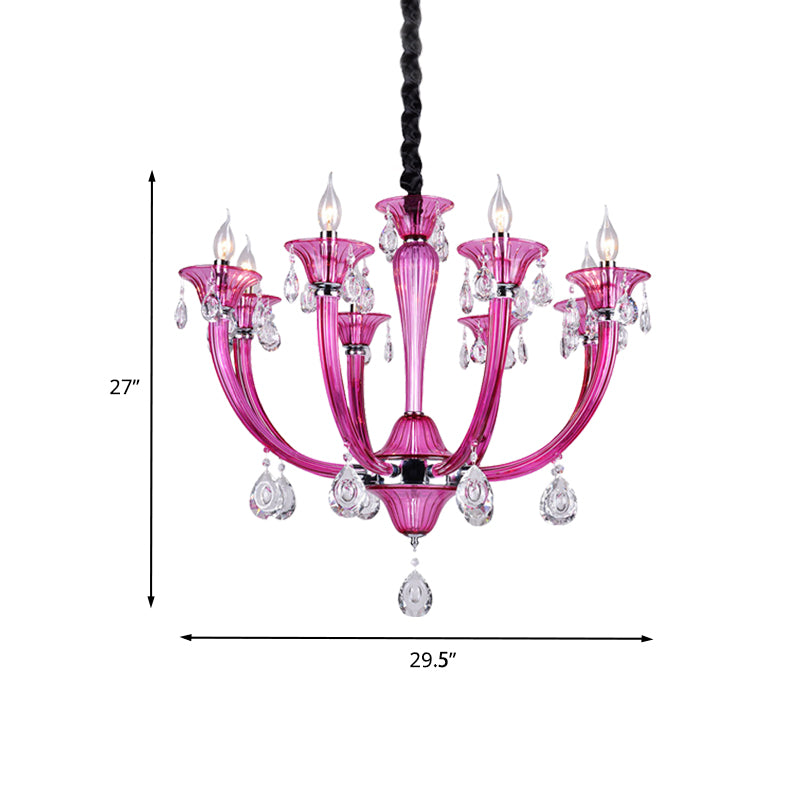 Candlestick Living Room Chandelier Modern Rose Red Glass 8-Light Chrome Pendant with Crystal Draping Clearhalo 'Ceiling Lights' 'Chandeliers' 'Modern Chandeliers' 'Modern' Lighting' 736812
