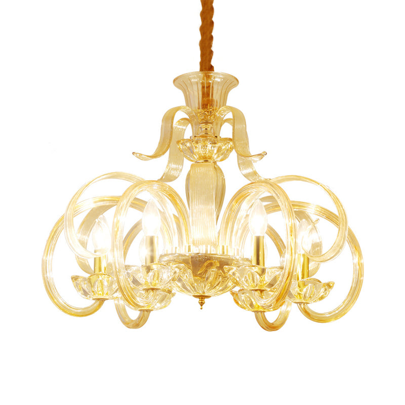 Amber Glass Candle Chandelier Light Traditional 6-Bulb Living Room Hanging Lamp with Curved Arm Clearhalo 'Ceiling Lights' 'Chandeliers' 'Glass shade' 'Glass' 'Pendant Lights' Lighting' 736818