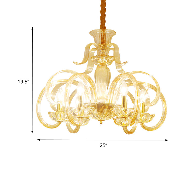 Amber Glass Candle Chandelier Light Traditional 6-Bulb Living Room Hanging Lamp with Curved Arm Clearhalo 'Ceiling Lights' 'Chandeliers' 'Glass shade' 'Glass' 'Pendant Lights' Lighting' 736819