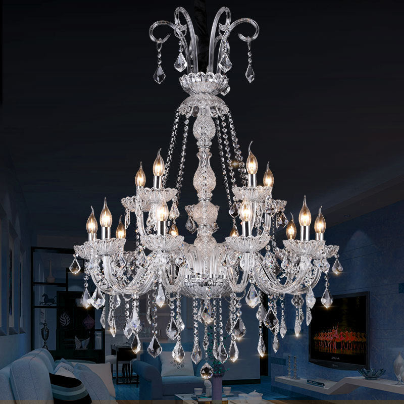 Clear Glass Candelabra Chandelier Lamp Retro 15 Bulbs Living Room Suspension Light with Crystal Drop Clear Clearhalo 'Ceiling Lights' 'Chandeliers' Lighting' options 736820_55a8efab-da26-49b5-8b04-7e94bdba0a59