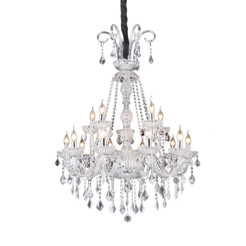 Clear Glass Candelabra Chandelier Lamp Retro 15 Bulbs Living Room Suspension Light with Crystal Drop Clearhalo 'Ceiling Lights' 'Chandeliers' Lighting' options 736822
