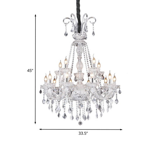 Clear Glass Candelabra Chandelier Lamp Retro 15 Bulbs Living Room Suspension Light with Crystal Drop Clearhalo 'Ceiling Lights' 'Chandeliers' Lighting' options 736823