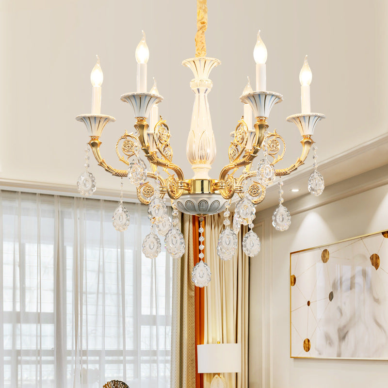 Gold Candle Chandelier Lamp Traditional Crystal 6 Heads Bedroom Ceiling Light with Ceramic Pillar and Carved Arm Clearhalo 'Ceiling Lights' 'Chandeliers' Lighting' options 736824