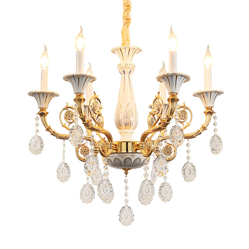 Gold Candle Chandelier Lamp Traditional Crystal 6 Heads Bedroom Ceiling Light with Ceramic Pillar and Carved Arm Clearhalo 'Ceiling Lights' 'Chandeliers' Lighting' options 736826