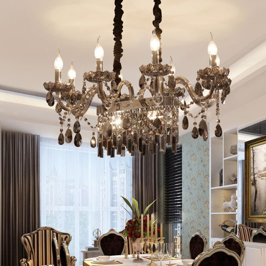 8 Lights Island Pendant Traditionalism Candelabra Smoke Gray Crystal Suspension Lighting with Glass Lamp Saucer Smoke Gray Clearhalo 'Ceiling Lights' 'Island Lights' Lighting' 736832