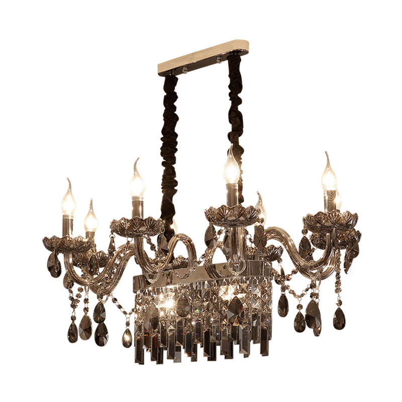 8 Lights Island Pendant Traditionalism Candelabra Smoke Gray Crystal Suspension Lighting with Glass Lamp Saucer Clearhalo 'Ceiling Lights' 'Island Lights' Lighting' 736834