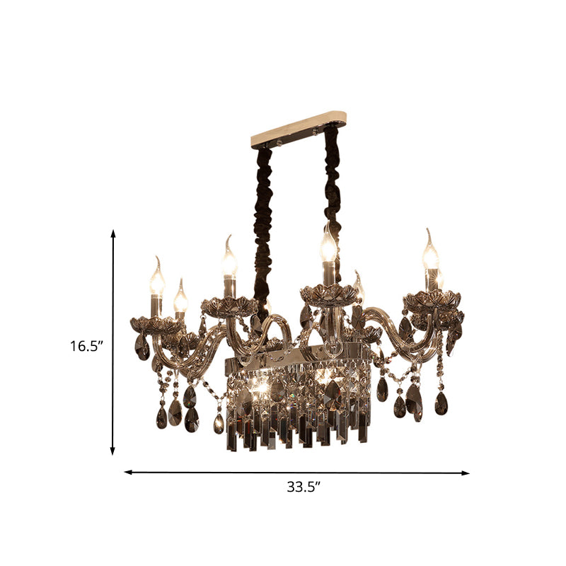 8 Lights Island Pendant Traditionalism Candelabra Smoke Gray Crystal Suspension Lighting with Glass Lamp Saucer Clearhalo 'Ceiling Lights' 'Island Lights' Lighting' 736835