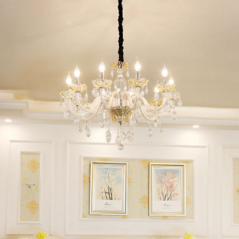 8 Bulbs Clear Crystal Chandelier Lamp Traditionalist White Candlestick Living Room Ceiling Pendant White Clearhalo 'Ceiling Lights' 'Chandeliers' Lighting' options 736836_42e96655-ace0-4c8e-a68e-f5abffd477a3