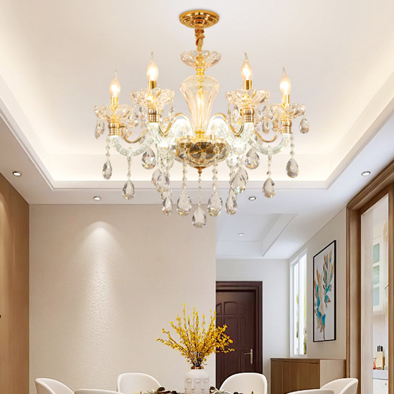 Candelabra Crystal Ceiling Chandelier Vintage 6 Lights Dining Room Pendant in Gold with Clear Glass Shade Gold Clearhalo 'Ceiling Lights' 'Chandeliers' Lighting' options 736840_8e52a012-c164-4755-bf87-b5563c653194
