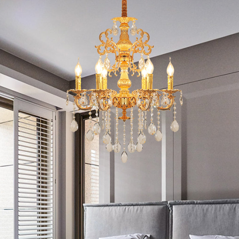 Metal Candlestick Chandelier Lighting Vintage 6 Heads Living Room Suspension Light in Gold with Crystal Drop Clearhalo 'Ceiling Lights' 'Chandeliers' Lighting' options 736848