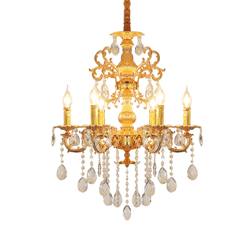 Metal Candlestick Chandelier Lighting Vintage 6 Heads Living Room Suspension Light in Gold with Crystal Drop Clearhalo 'Ceiling Lights' 'Chandeliers' Lighting' options 736849