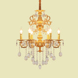 Metal Candlestick Chandelier Lighting Vintage 6 Heads Living Room Suspension Light in Gold with Crystal Drop Clearhalo 'Ceiling Lights' 'Chandeliers' Lighting' options 736850